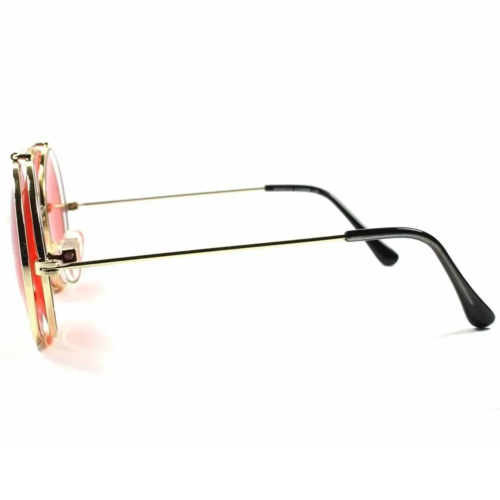 Retro Style Mens Womens Django Lennon Gold Flip Up Red Lens Round Sunglasses